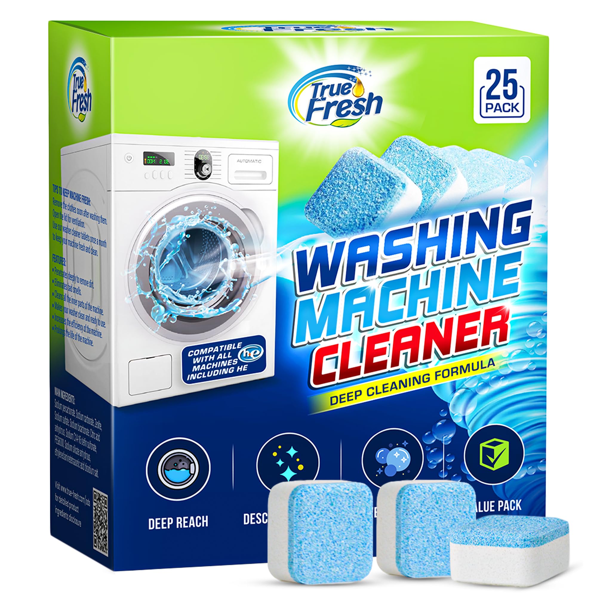 True Fresh Washing Machine Cleaner Tablets, 25 Solid Deep Cleaning Tablet, Finally Clean All Washer Machines Including HE Front Loader Top Load