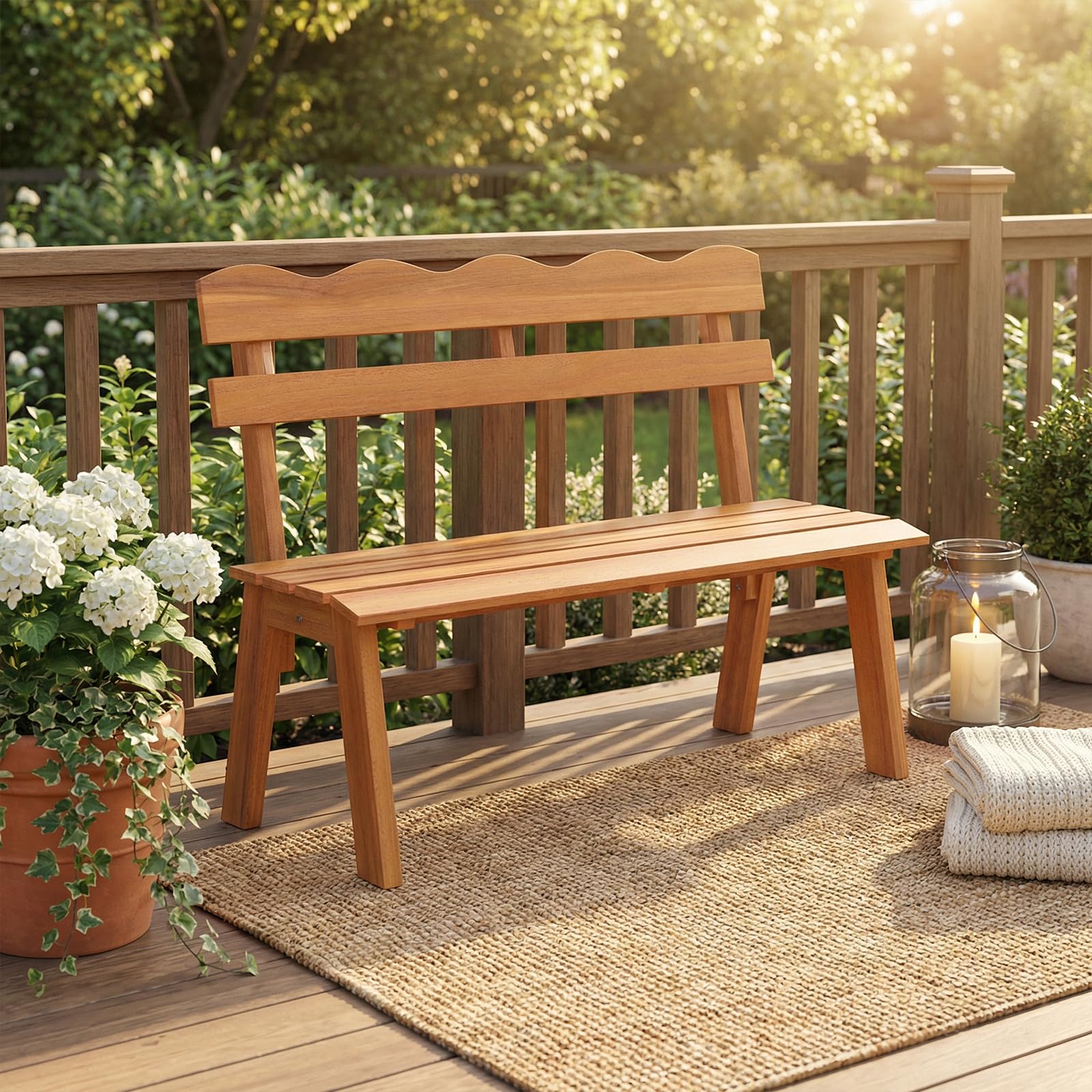 DREAMADE Gartenbank aus Akazienholz, Outdoor Sitzbank für 2 Personen mit ergonomischer Rückenlehne & Latten-Sitz, Parkbank bis zu 360 kg belastbar, Holzbank für Terrasse, Veranda & Balkon, Natur