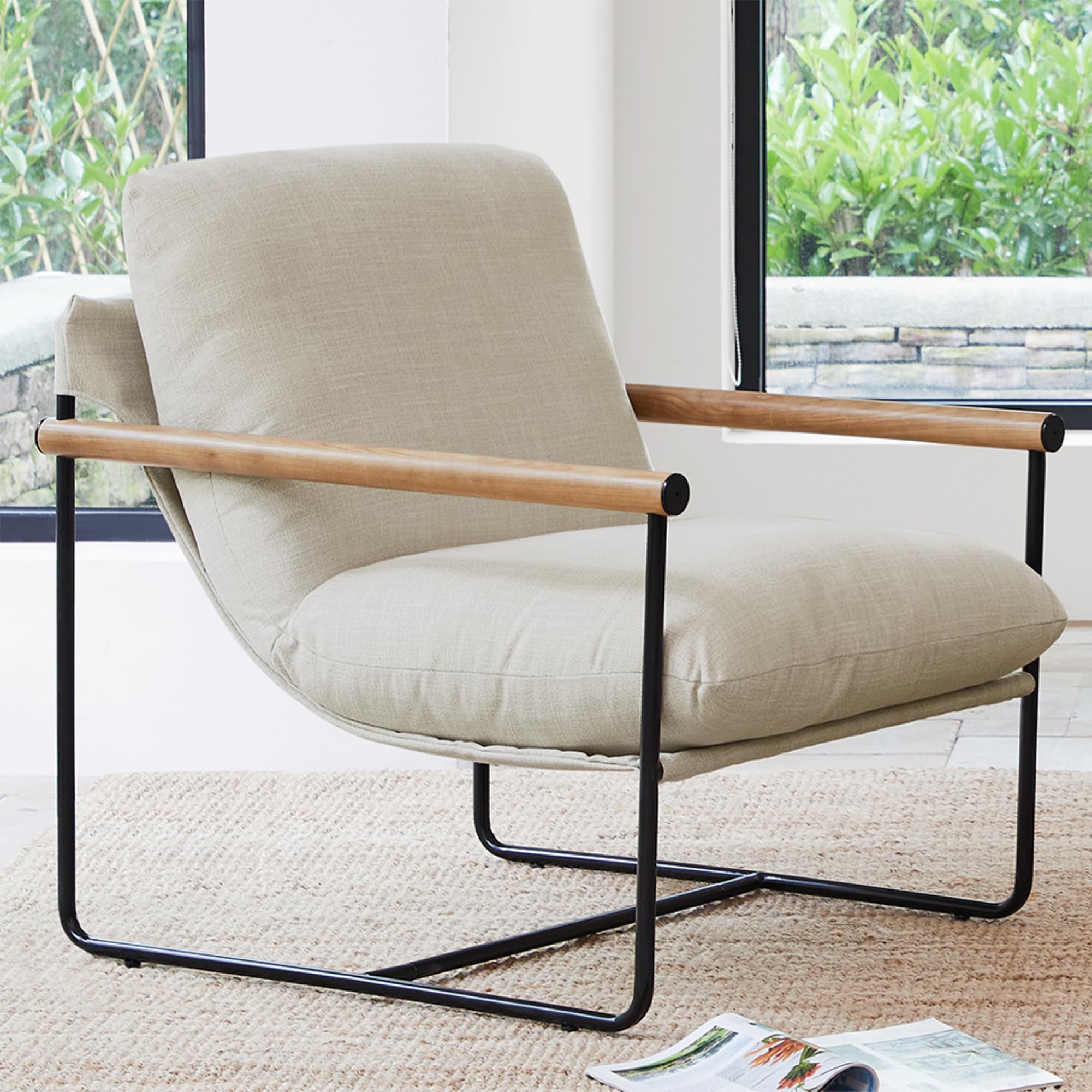 Oversized Sling Accent Chair Metal Frame Armchair with Removable Cushion for Living Room Bedroom Office Apartment, Linen