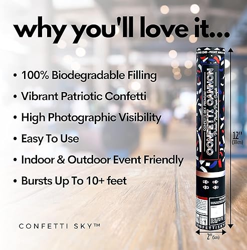 Miniatura 3 de Confetti Sky Paquete de 6 cañones de confeti de 12 pulgadas, patrióticos biodegradables para celebraciones del 4 de julio, día de la independencia,