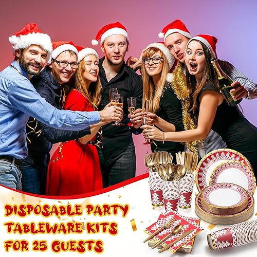Miniatura 4 de Umigy Juego de vajilla de Navidad de 200 piezas, platos y servilletas desechables de papel rojo y blanco para 25 invitados, kits de vajilla dorada,