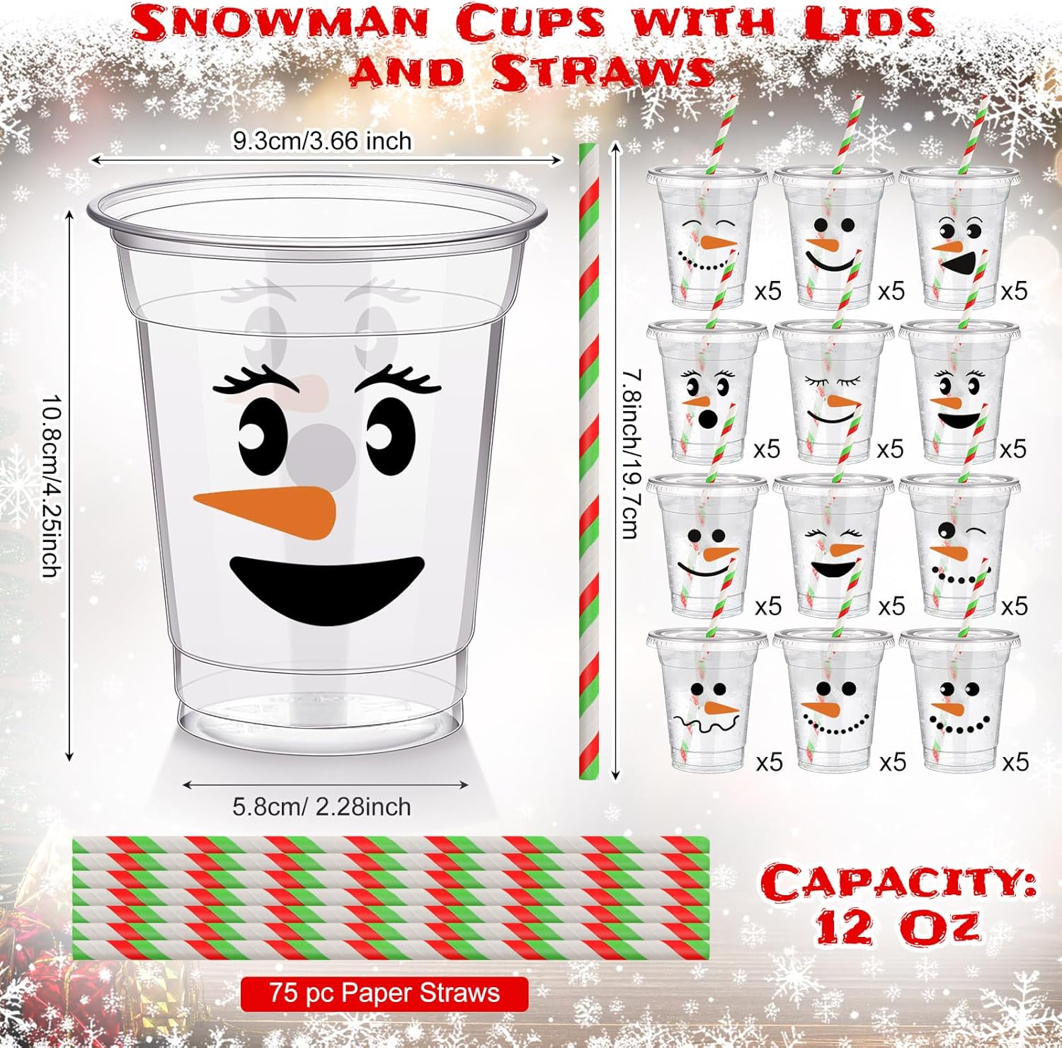 Bokon 60 Pcs Christmas Snowman Plastic Cups with 60 Lids and 75 Pcs Straws 12oz Disposable Clear Snowman Face Cups Bulk in 12 Styles for Cold Beverage Coffee Snacks Winter Holiday Xmas Party Supplies - Image 2