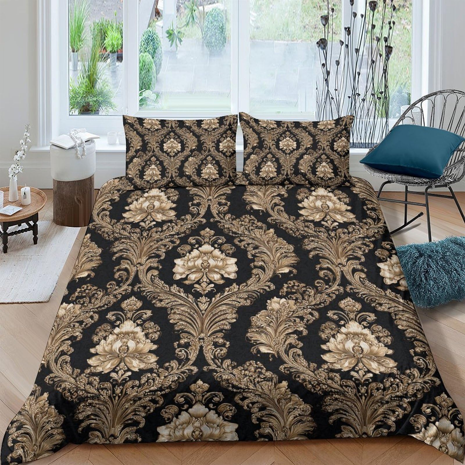 Ctjqhvkz Style-4 3D Printed Baroque Damask Fitted Sheet Microfiber Soft Black Gold Ornate Mattress Cover For Bedroom Guest Room Decor Single（135X200cm）