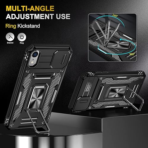 Miniatura 4 de Funda para iPhone XR con 2 protectores de pantalla, funda de cámara deslizante integrada, para teléfono XR con anillo de soporte de rotación de 360,