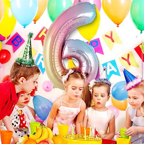 Miniatura 4 de Globo de número 6 con degradado arcoíris de 40 pulgadas, globos grandes de aluminio de número 6, globos gigantes de Mylar número 6 para fiestas de