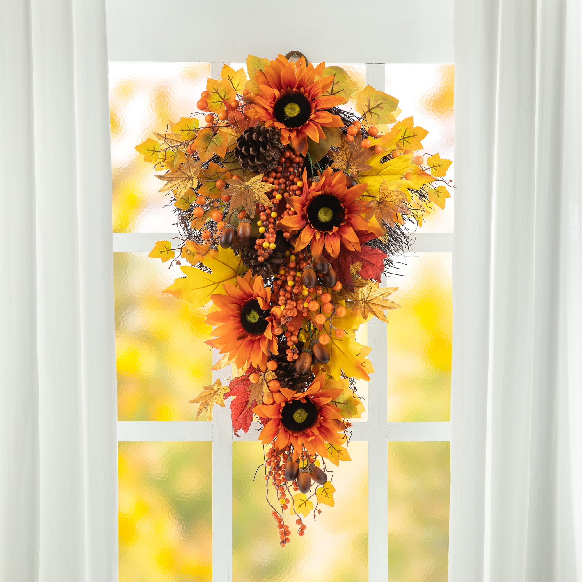 Glitzhome Guirlande décorative de 68,6 cm en forme de larme, récolte d'automne à suspendre au mur, guirlande florale d'automne avec tournesol, feuille d'érable et baies pour décoration de porte
