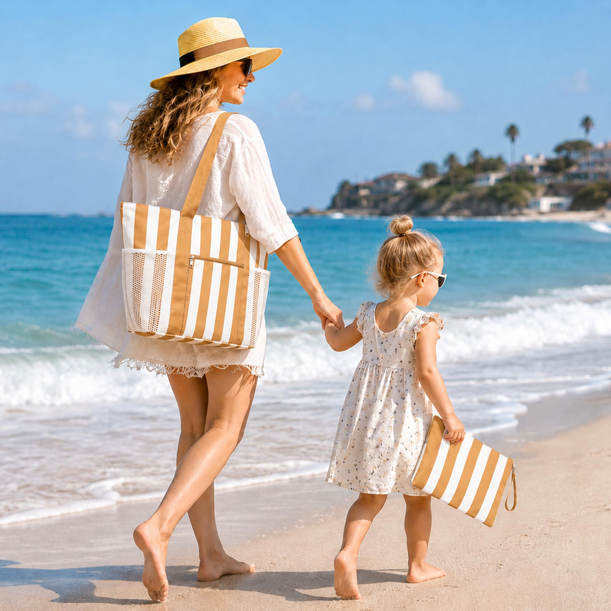 TAHAVICE Sac de plage pour femme avec fermeture éclair, grand sac de plage XXL famille