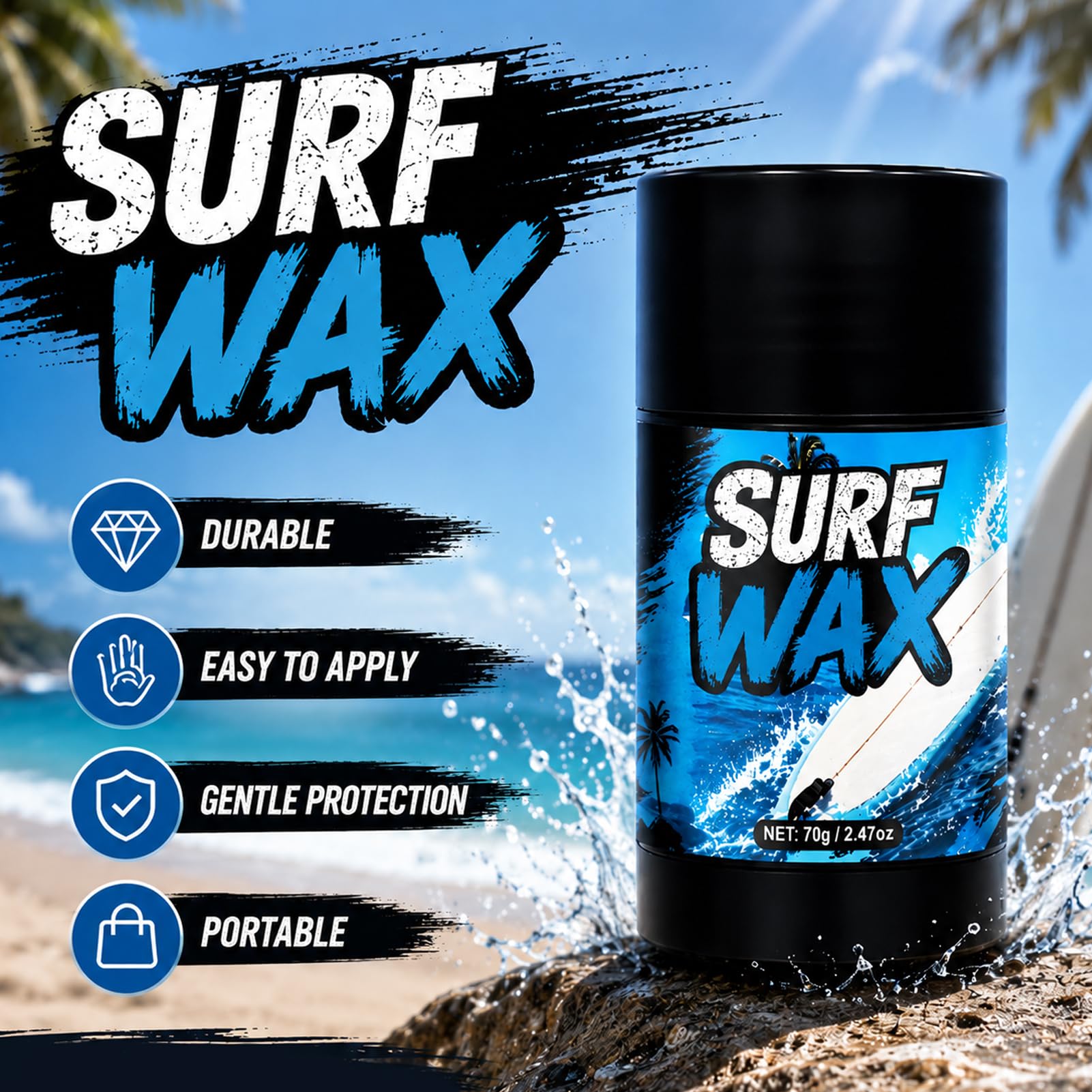 Surf Wax, Skiwachs, Surfboard Wax, Geeignet für Wasser, Surfing, Hoher Grip und rutschfest, Langlebig, Leicht Aufzutragen, Ideal für Surfbretter, Snowboard, 70g