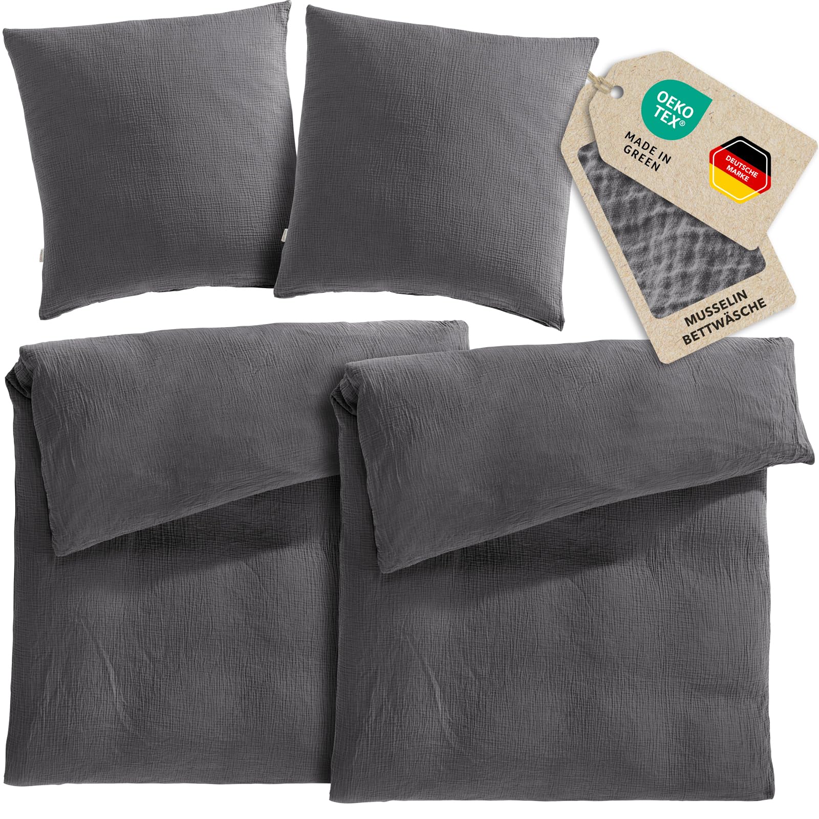 Pure Label Musselin Bettwäsche 4tlg 2x135x200+2x80x80 - Anthrazit