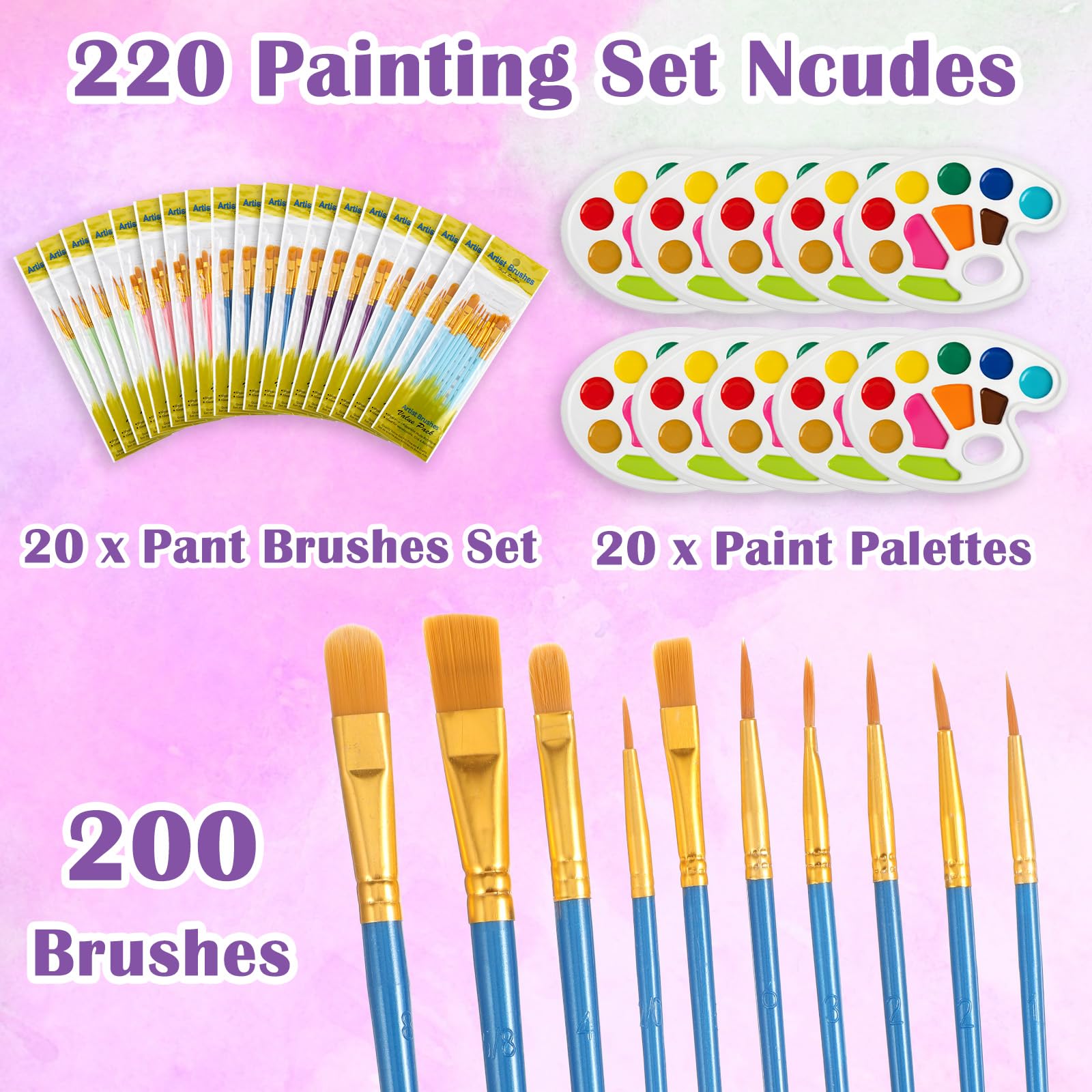 Lot de 220 palettes de pinceaux de peinture, 20 paquets de 200 pinceaux et 20 palettes, tête de pinceau en nylon, convient pour l'aquarelle à l'huile, etc., ensemble de peinture artistique parfait