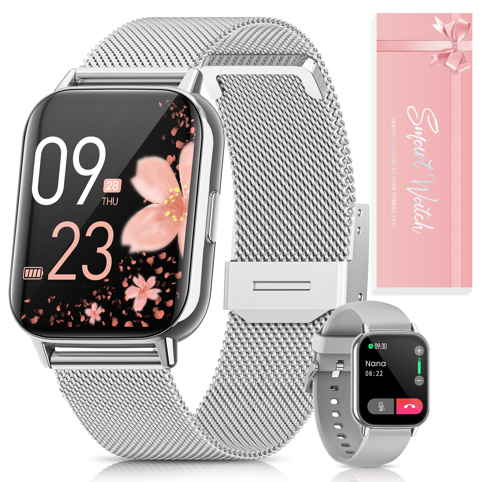 2026 Smartwatch Damen mit Telefonfunktion, 1.83" HD Armbanduhr Herzfrequenz Schlafmonitor Menstruationszyklus SpO2, IP68 Smart Watch 113+ Sportmodi Schrittzähler für iOS Android Silber, Geschenk