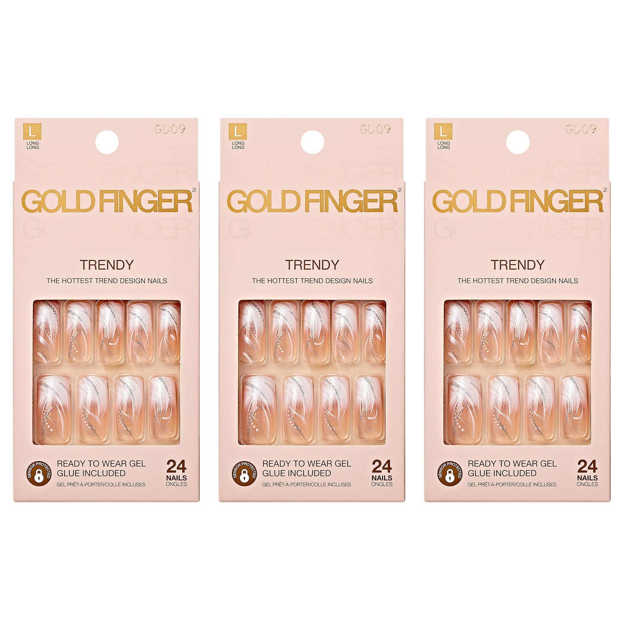 Gold Finger Gel Glam Design Nails (3 PACK)