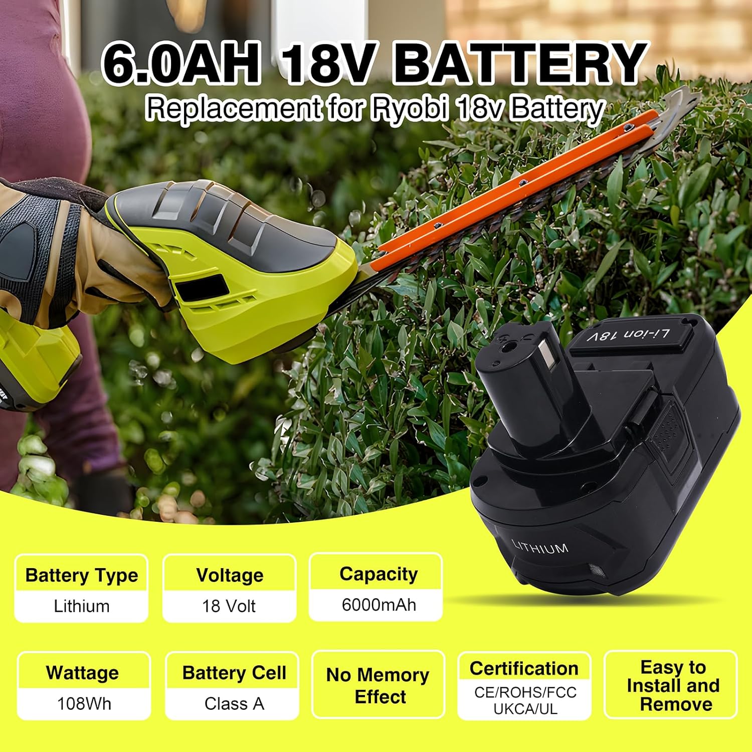 6.0Ah 18V Replacement Battery for Ryobi 18v Battery Lithium-ion Compatible with Ryobi 18Volt ONE+ Plus Cordless Power Tools P102 P103 P104 P105 P107 P108 P109,Etc,1 Pack