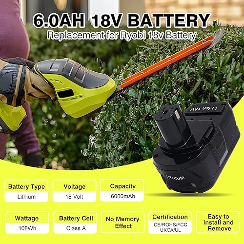 Miniatura 2 de Batería de repuesto de 6.0Ah 18V para Ryobi 18 V, iones de litio, compatible con Ryobi 18 Voltios ONE+ Plus Herramientas eléctricas inalámbricas