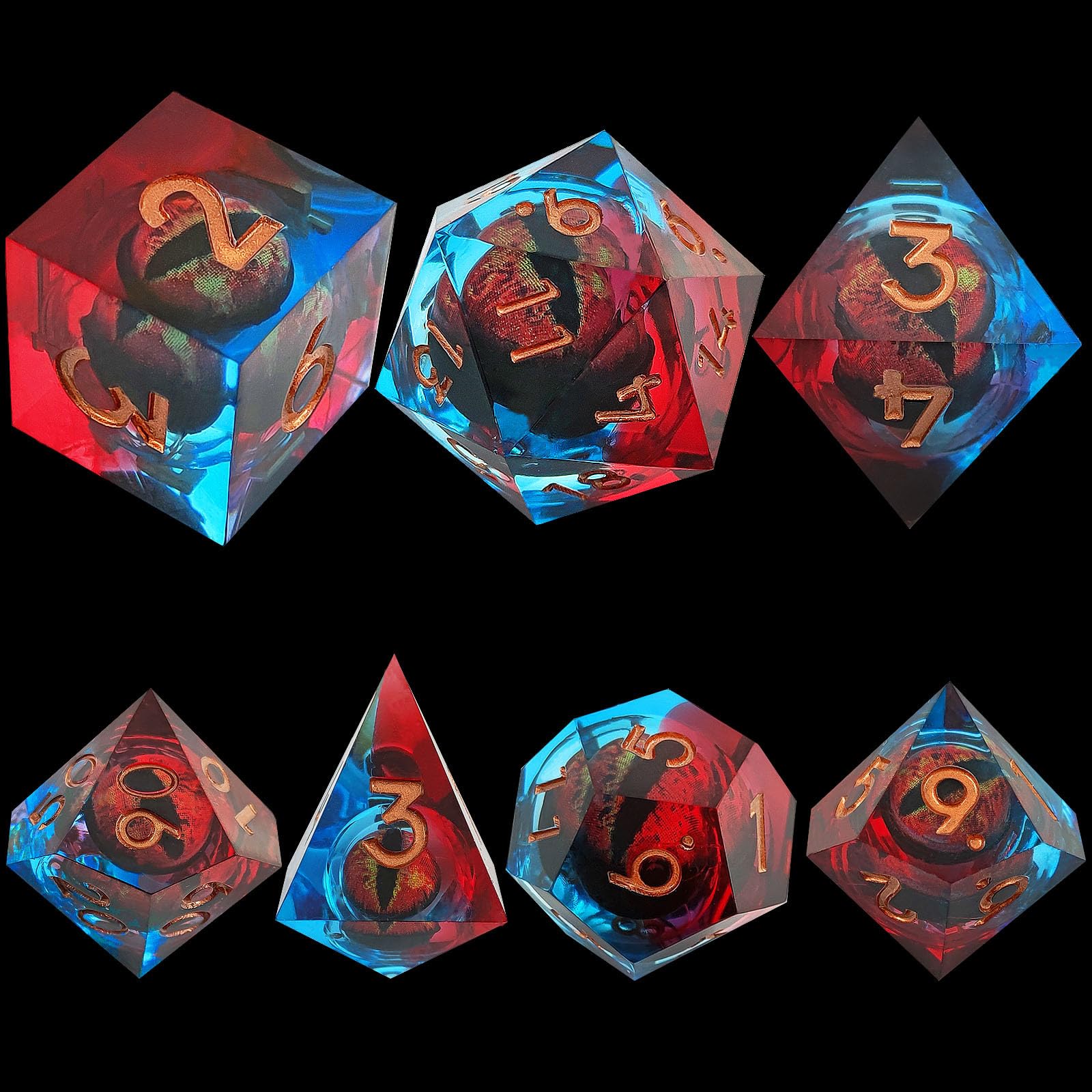 ORUZA 7 PCS Dragon Eye DND Dice Liquid Core D&D Dice Resin Sharp Edge Polyhedral D&D Dice Set for Dungeons and Dragons Role Playing Die D20 D12 D10 D8 D6 D4 D%