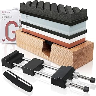 KYONANO Pietra affilacoltelli 2 in 1, affilacoltelli double face 400/1000 3000/8000, con pietra per affilare, supporto per pietra in acciaio inox/legno, supporto in gomma, guida angolare (set da 9)