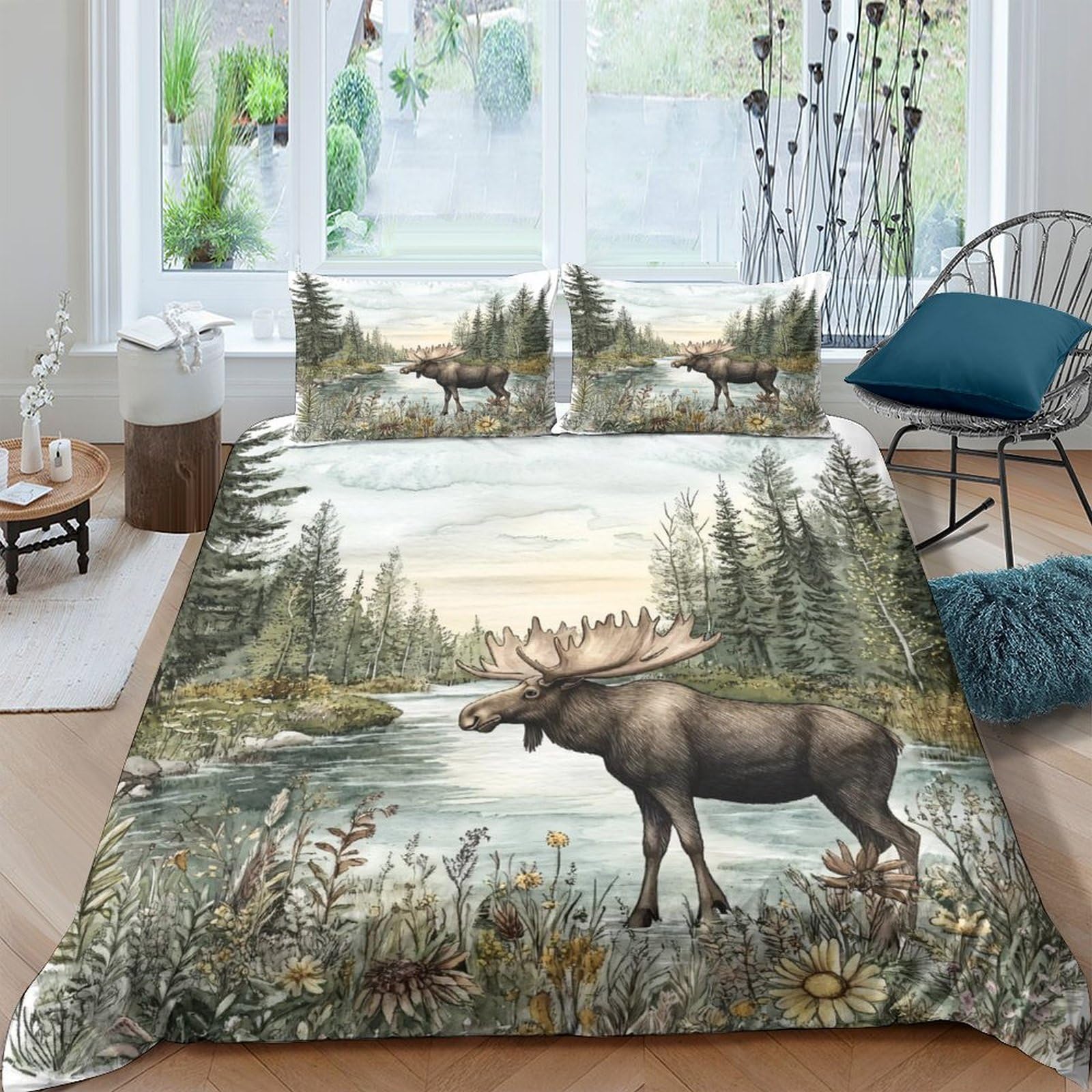 GPLZQXKJNH 3D Printed Moose Forest Duvet Cover Microfiber Soft Breathable River Landscape Bedding Set with 2 Pillowcases for Bedroom Decor Single（135x200cm）