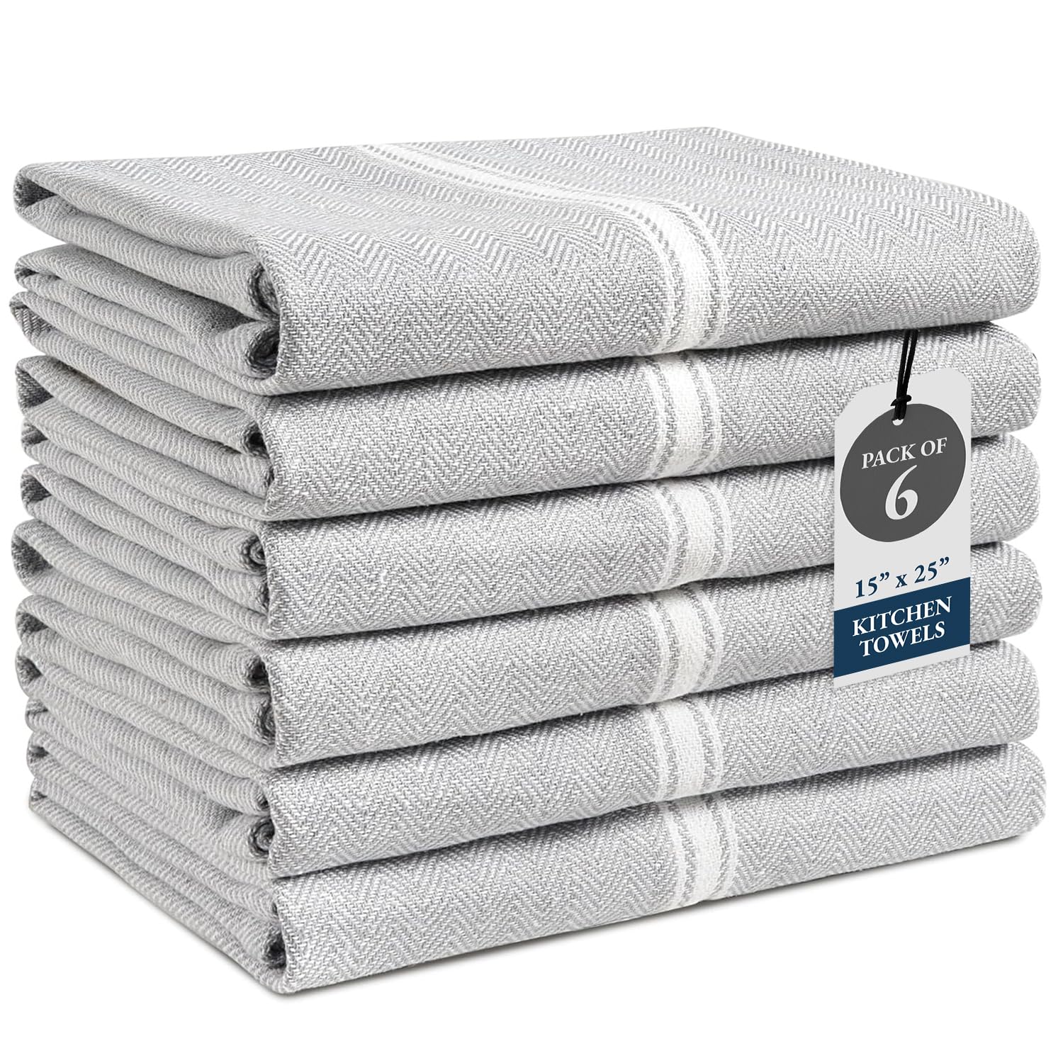 LANE LINEN Kitchen Towel Set - 100% Cotton, Absorbent, Grey Chambray Striped Dish Towels, 14” x 25”, 6-Pack