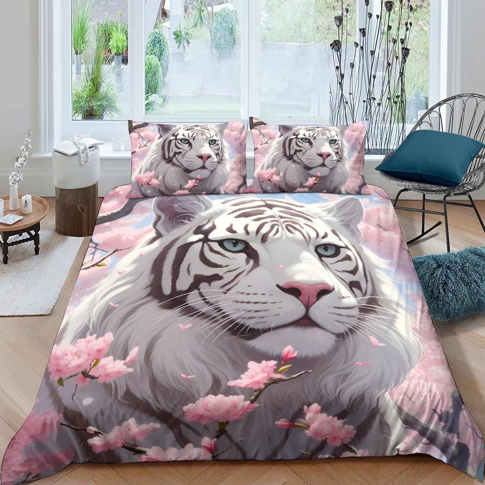 Ctjqhvkz Style-5 3D Printed White Tiger Fitted Sheet Microfiber Soft Breathable Pink Blossom Bed Cover For Bedroom Dorm Decor Single（135X200cm）