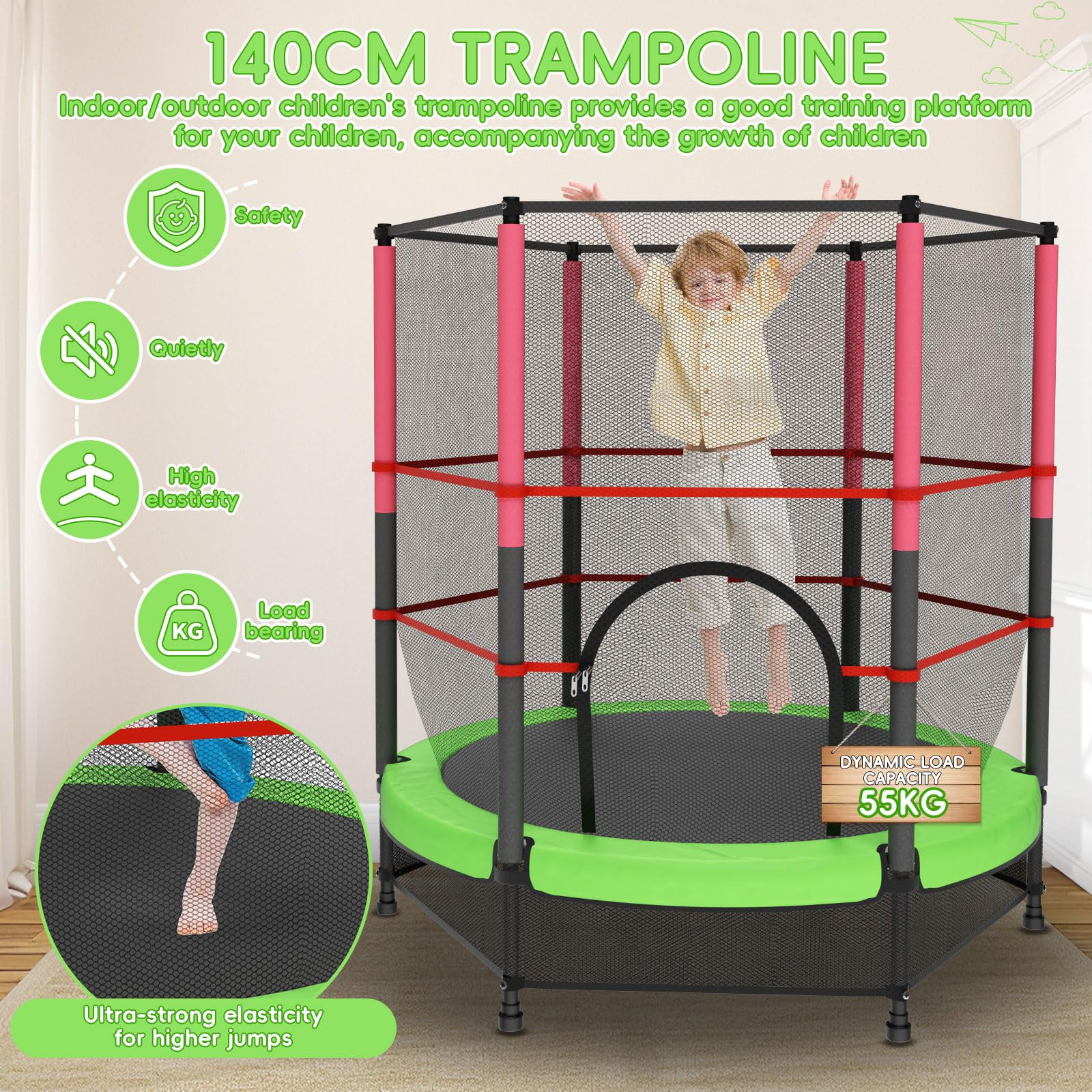 Trampolino Elastico Bambino in Acciaio,3-6 Anni con Rete di Protezione, 6 Colonne e Ingressi, 140cm Con Molle, Rete Di Sicurezza Rialzata - Regali Di Compleanno Per Bambini e Bambine, Regali Di Natale