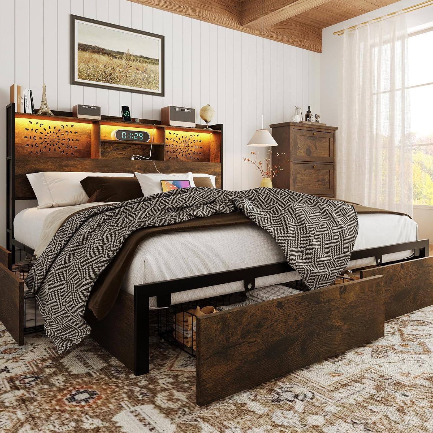 Belffin King Size Bed Frame with 6 Storage Drawers and Carving Headhoard, Wooden Bed Frame with Charging Station and LED Lights, No Noise and Easy Assembly, No Box Spring Needed, Vintage Brown