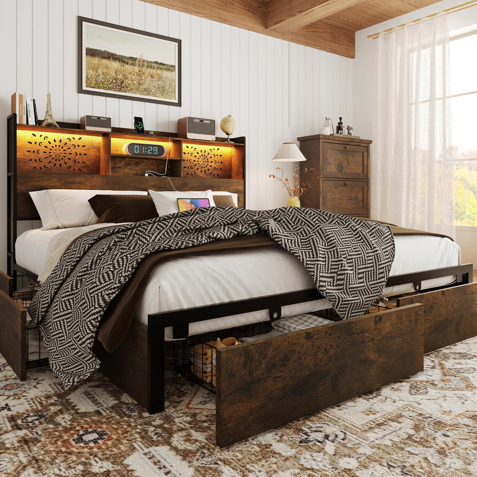 Belffin Queen Size Bed Frame with 6 Storage Drawers and Carving Headhoard, Wooden Bed Frame with Charging Station and LED Lights, No Noise and Easy