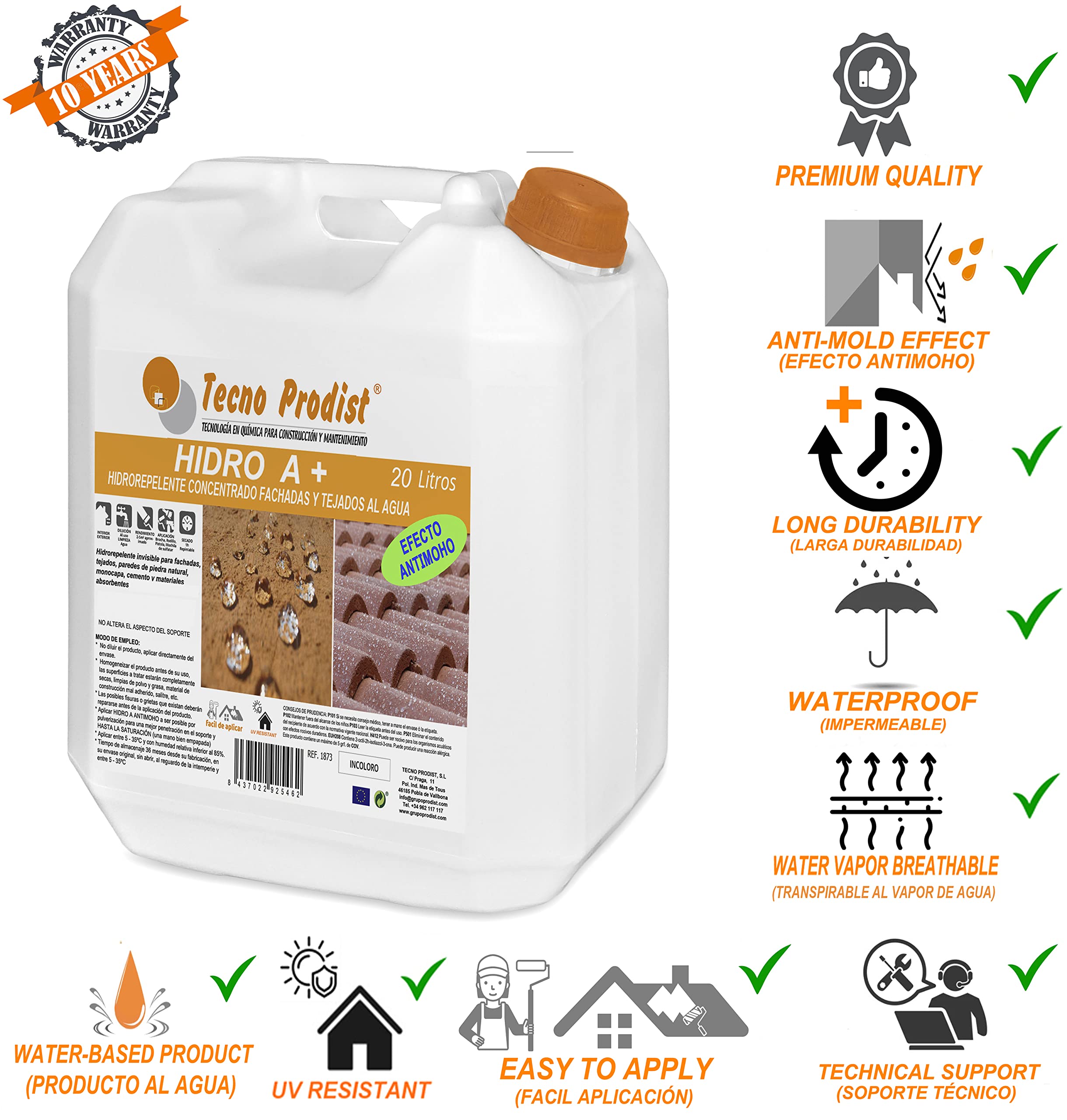 Tecno Prodist HIDRO A + (20 Litros) Impermeabilizante -Hidrorepelente, hidrofugante, no altera el aspecto, terrazas, fachadas, cubiertas, teja, hormigón, piedra