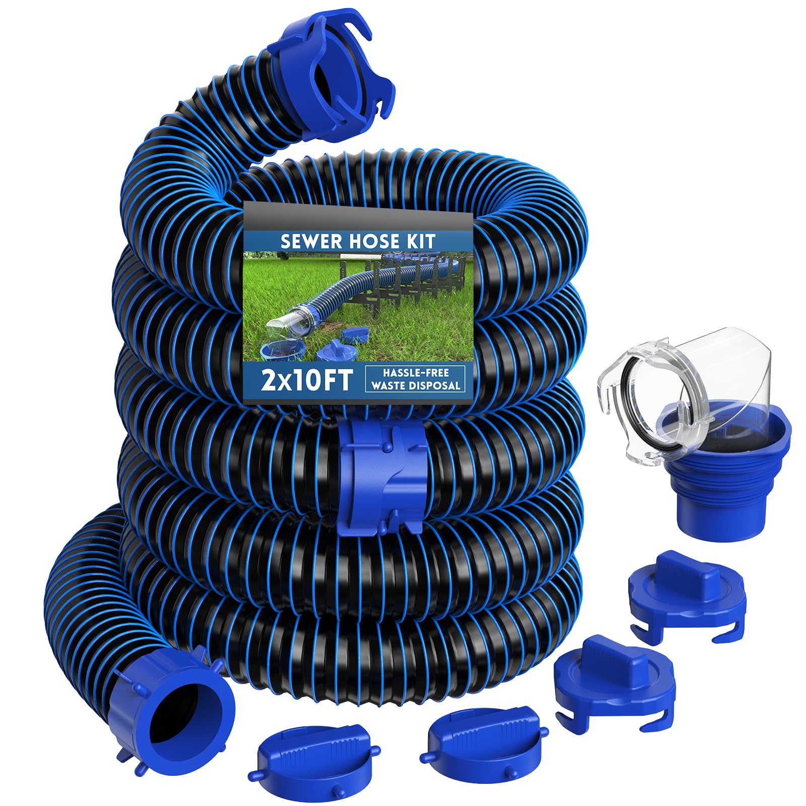 DUMPMAN 20 FT RV Sewer Hose Kit, Sewer Hose for RV Camper - Includes 2 Attachable 10 ft Sewer Hose with Swivel Fitting, 90 Degree Clear View Sewer Adapter, and 4 Storage Caps