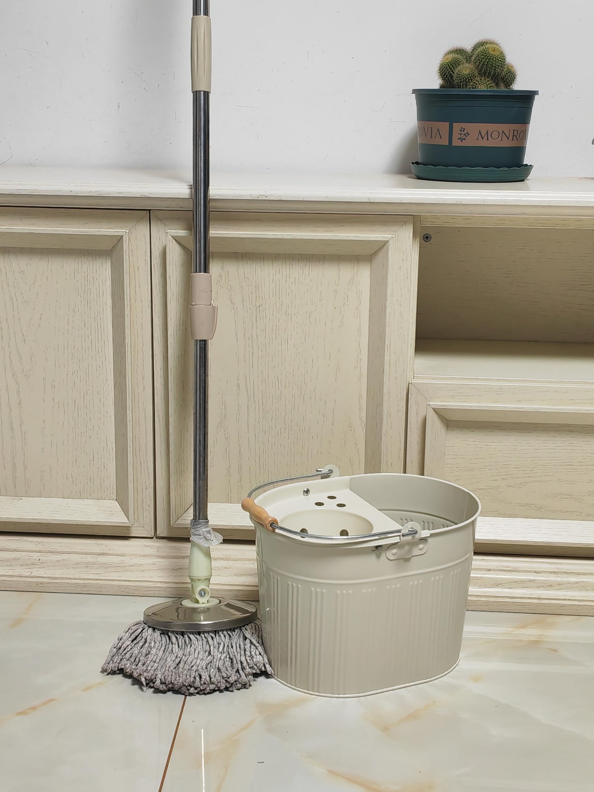 Cubo de acero galvanizado para fregona de 13 litros, grande, industrial, reforzado, resistente, de acero para limpieza general en casa y oficina (blanco roto)