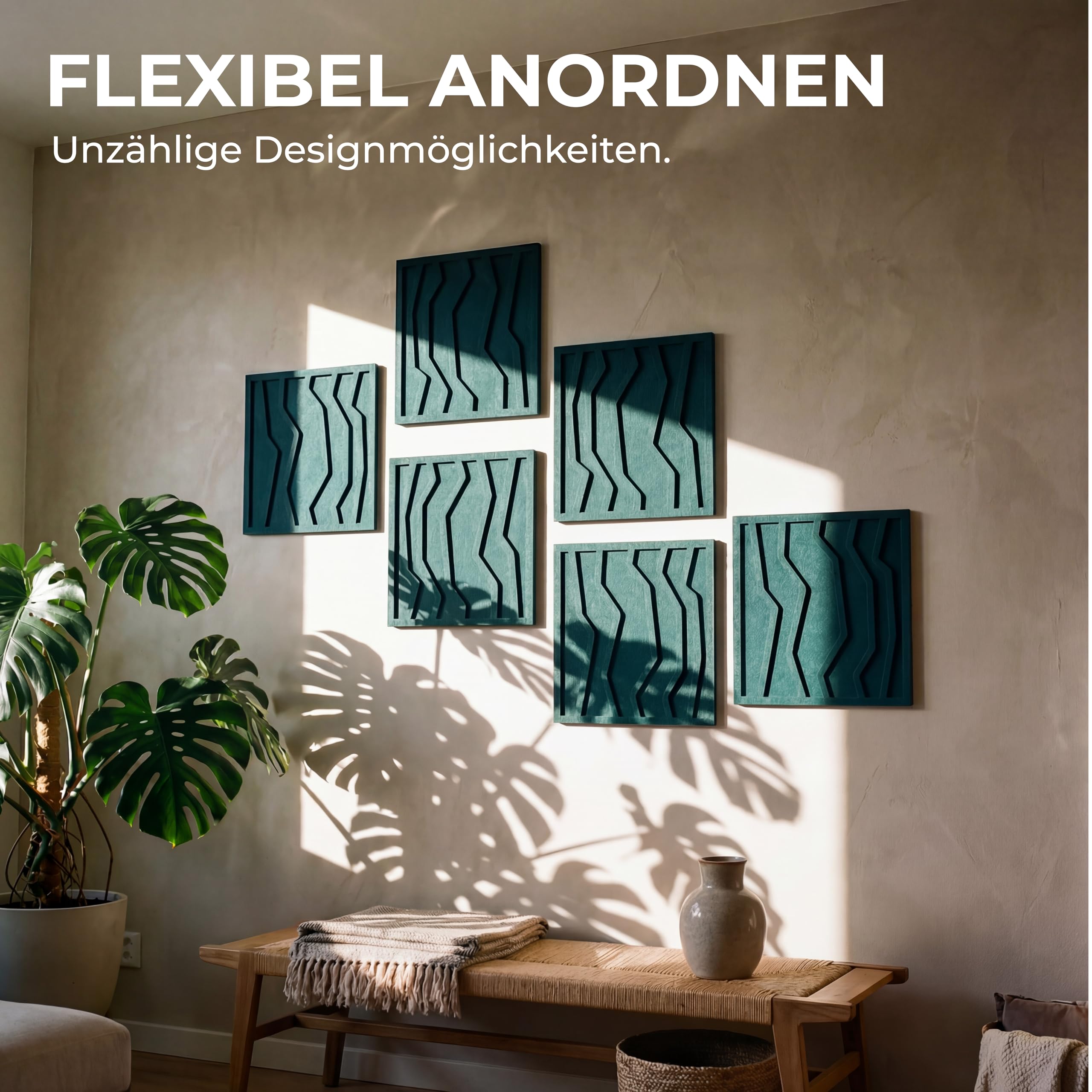 NIC’BRUX® Akustikpaneele 4er Set 40x40 cm – Modernes Akustikbild Wanddesign aus PET-Filz | Schallabsorber Wandpaneele für Wohnzimmer, Büro & Home Studio