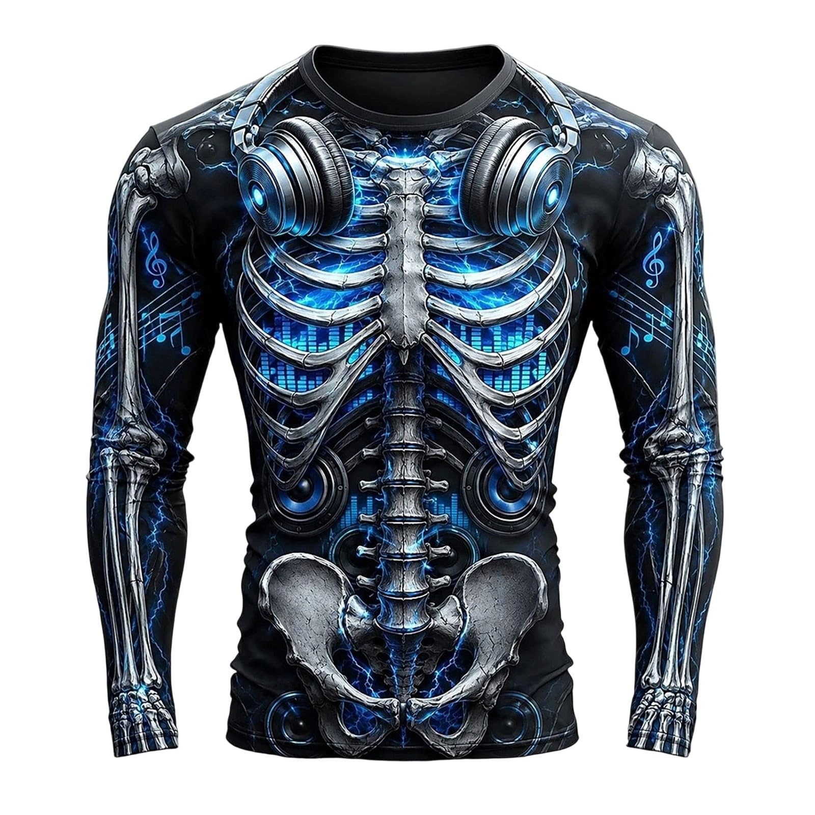 Mens Halloween Skeleton Shirts Crew Neck Long Sleeve 3D Print Graphic T Shirt Novelty Holiday Party Costumes Funny Pullover Z06-Light Blue 4XL — image 1