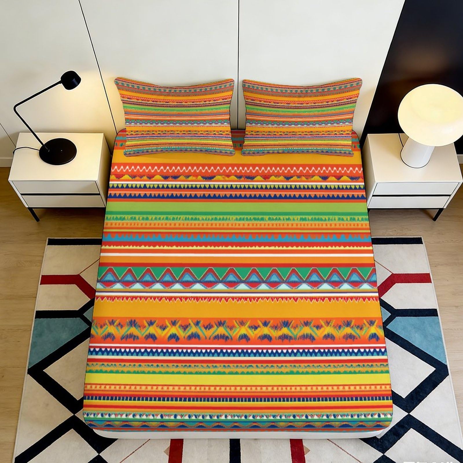 3D Printed Tribal Stripe Fitted Sheet Microfiber Orange Geometric Mattress Cover for Bedroom Guest Room Decor 90x200x25cm