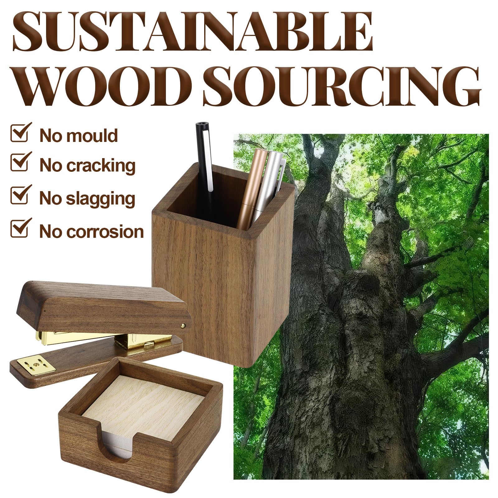 Set organizer da scrivania in legno di noce, 3 pezzi, con portapenne, clip per appunti e cucitrice, set di articoli da ufficio in legno per studenti, accessori da scrivania ecologici