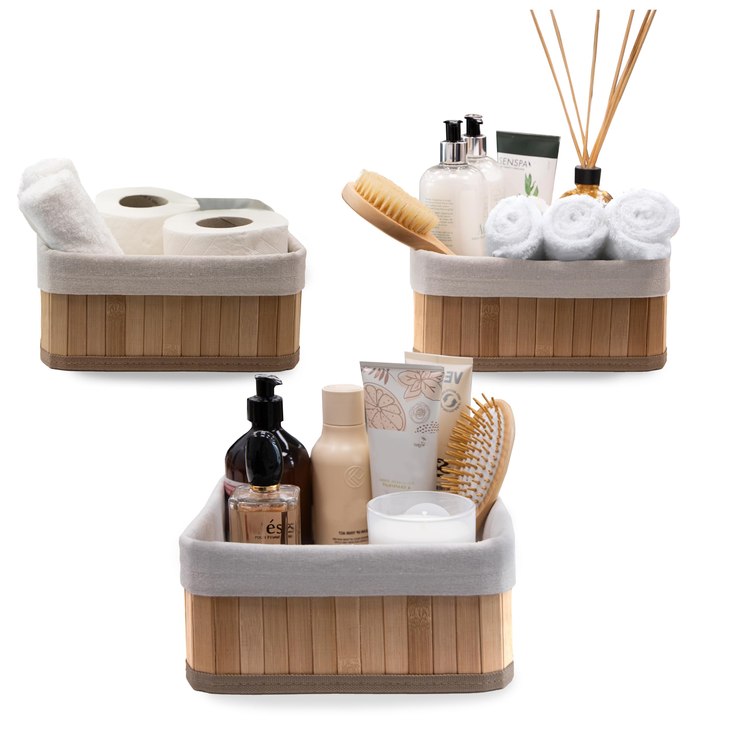 Knight Set of 3 Bamboo Storage Basket, Multi-purpose Bamboo Storage Shelving Organiser, Removable Washabe Inner cloth, For Kitchen, Rooms, Shelves, Bathroom, Natural (Square)