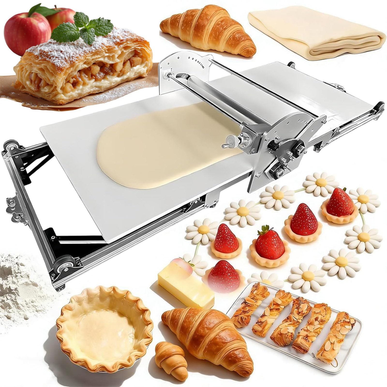 NGDFGR Dough Sheeter Machine, Adjustable Thickness 2~30Mm, Foldable Stainless Steel Pastry Roller Spreader For Bakery, Home, Croissant, Pizza