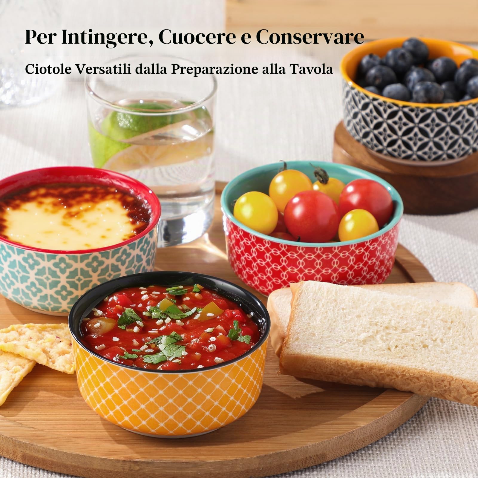 DOWAN Set di 6 ciotole da dessert in porcellana, con coperchio, da 176 ml, impilabili, per salsa, snack, crème brûlée multicolore, lavabili in lavastoviglie e microonde