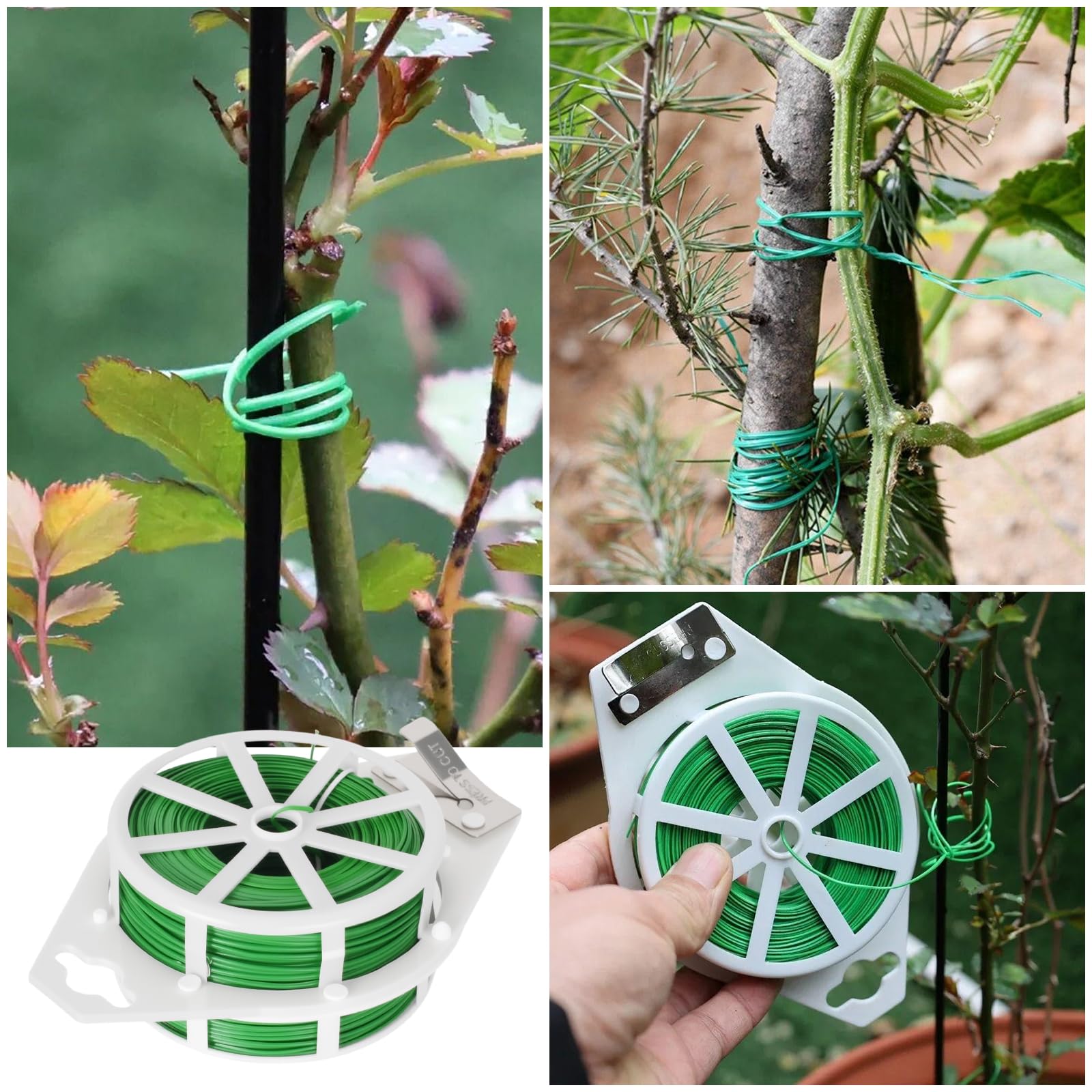 SZXMDKH Filo da giardino per piante da 50 m, con taglierina da giardino e filo da giardino con filo rivestito in plastica verde per piante rampicanti, viti, arbusti e fiori