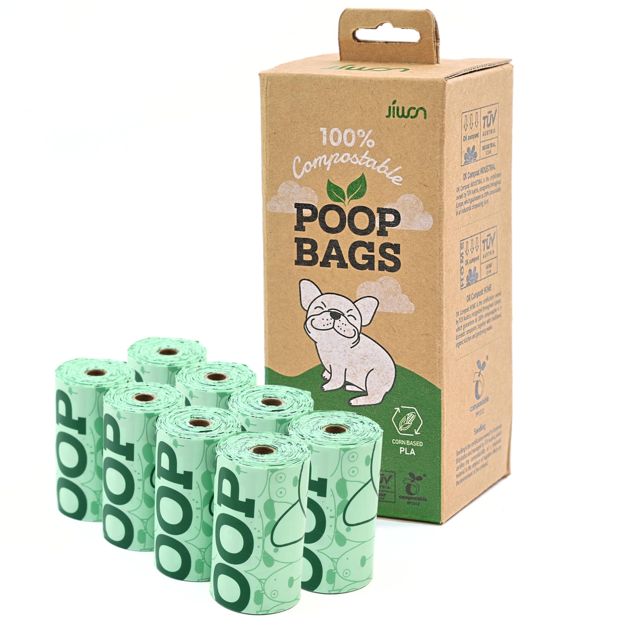 JIWON Bolsas 100 % compostables para excrementos de perro, 120 bolsas, 8 rollos, 9 x 13 pulgadas, ASTM D6400 y EN 13432 estándar, certificado de compost y plántulas, bolsas gruesas y a prueba de fugas