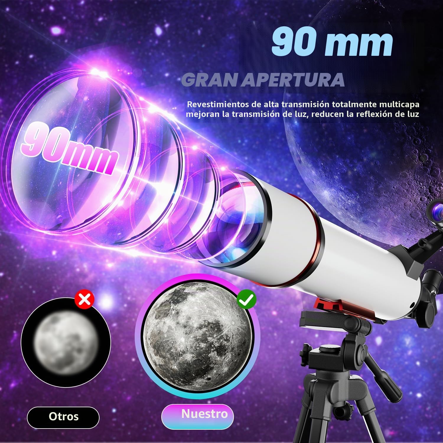 Coolifepro Telescopio 90/700mm, telescopio Astronómico para Niños y Adultos, Telescopio Refractor portátil astronómico Revestimientos de Alta transmisión Totalmente Multicapa Montaje AZ