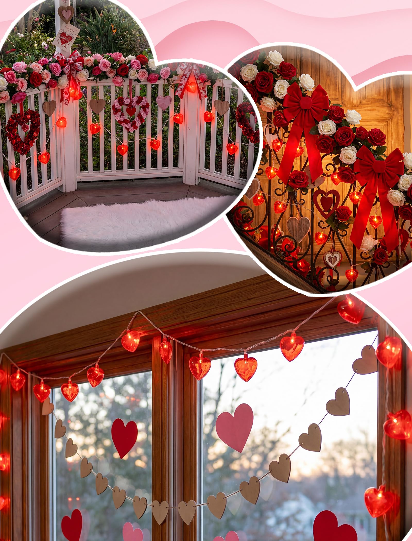 Stringa di luci a forma di cuore per San Valentino, decorazioni per San Valentino, con 10 luci rosse a forma di cuore, collegabili, per San Valentino, feste, matrimoni, decorazioni per vacanze