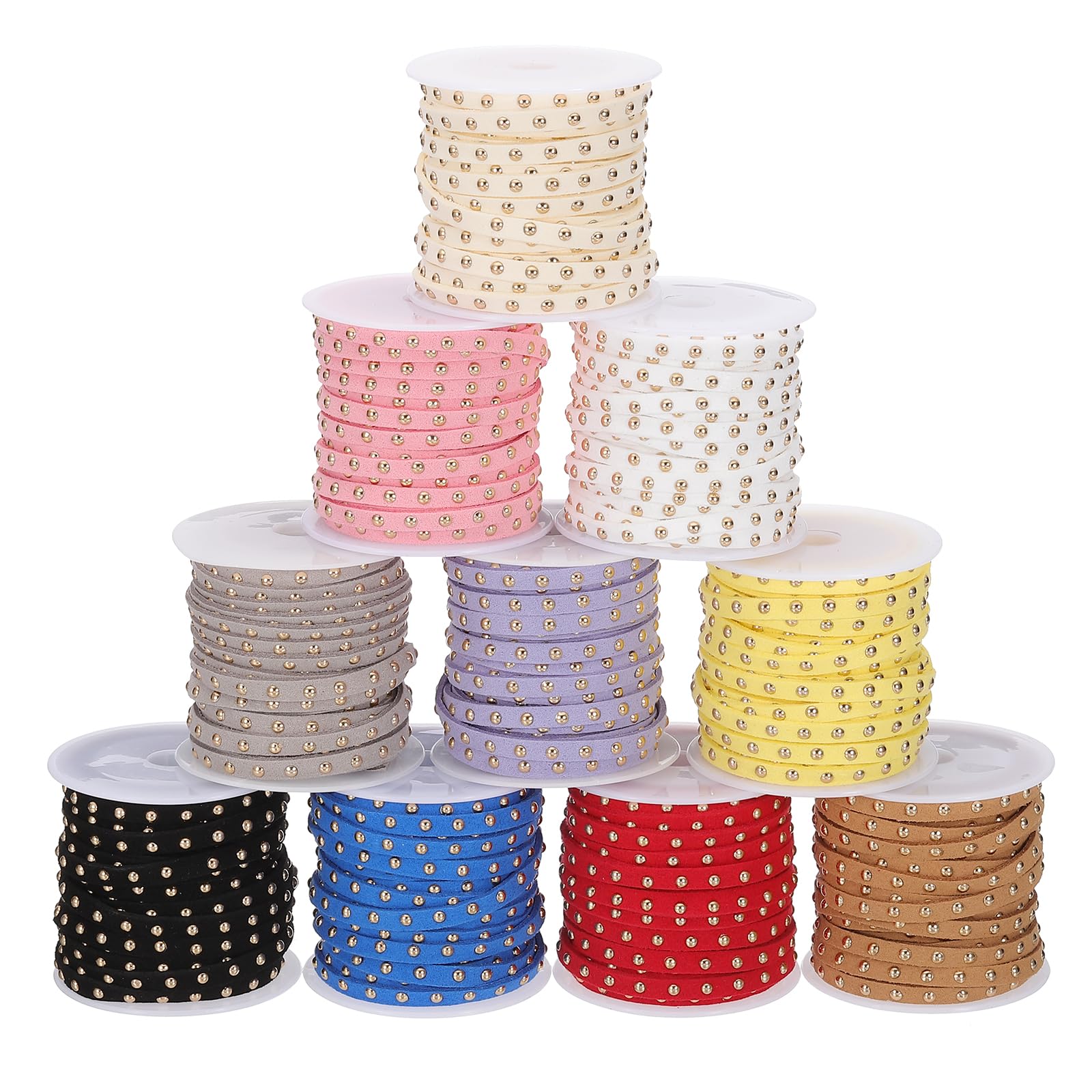 PATIKIL 54.7 Yards Studded Faux Suede Cord Rope for Jewelry Making 10 Pack Each 5 Meter 5mm Micro Fibre Flat Leather Lace Beading String Ribbon with Gold Rivets