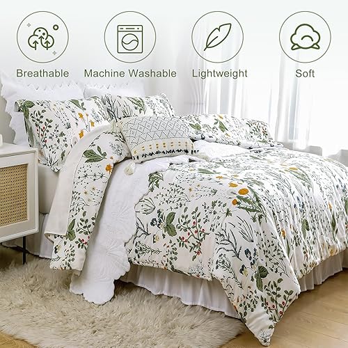 Miniatura 2 de SexyTown Juego de edredón floral Queen, edredón de algodón con estampado floral verde salvia, tamaño Queen, estampado botánico de flores verdes y