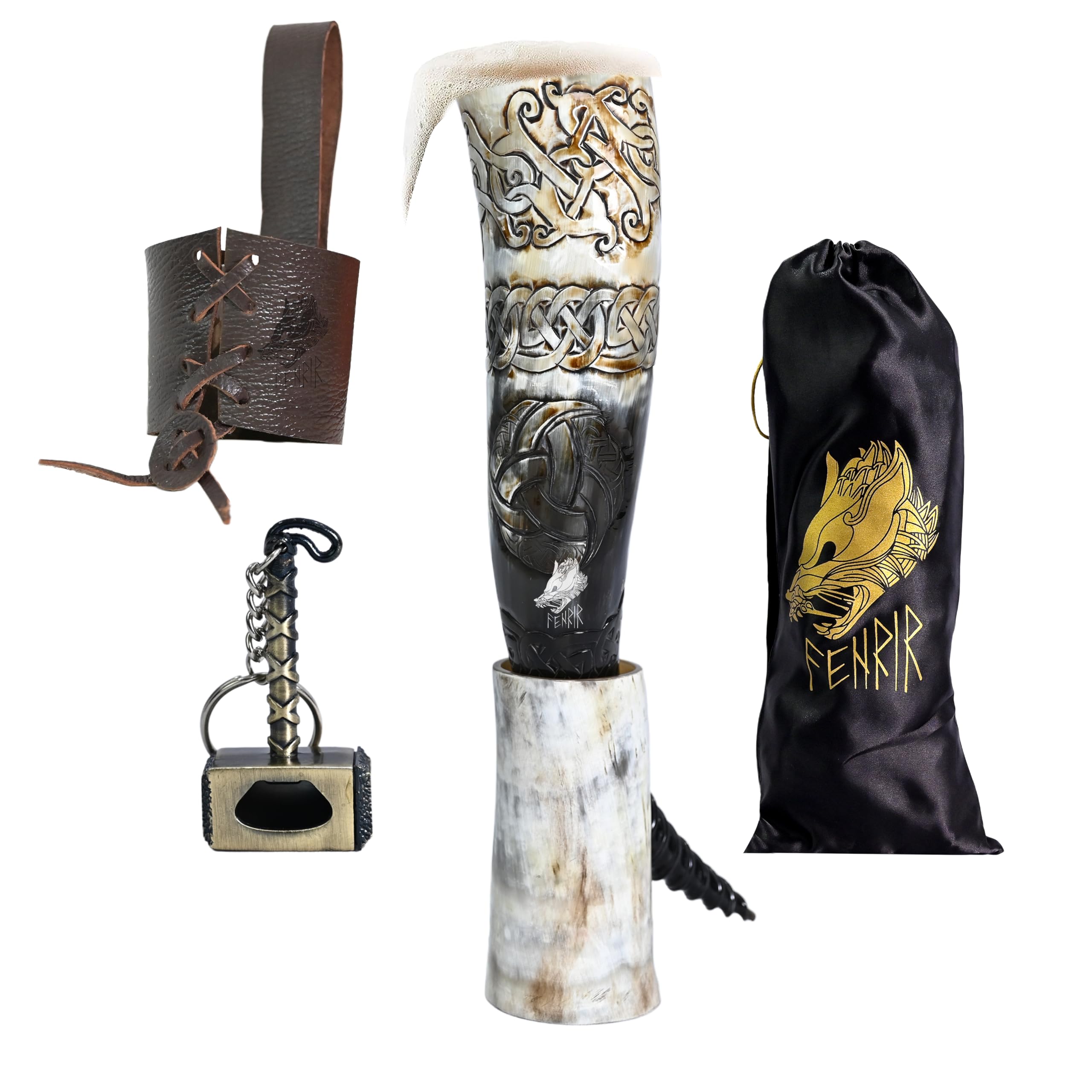 FENRIR Large Viking Drinking Horn With Stand - 15-18 Oz Natural Ox Horn, Leather Holster & Thor Hammer Opener