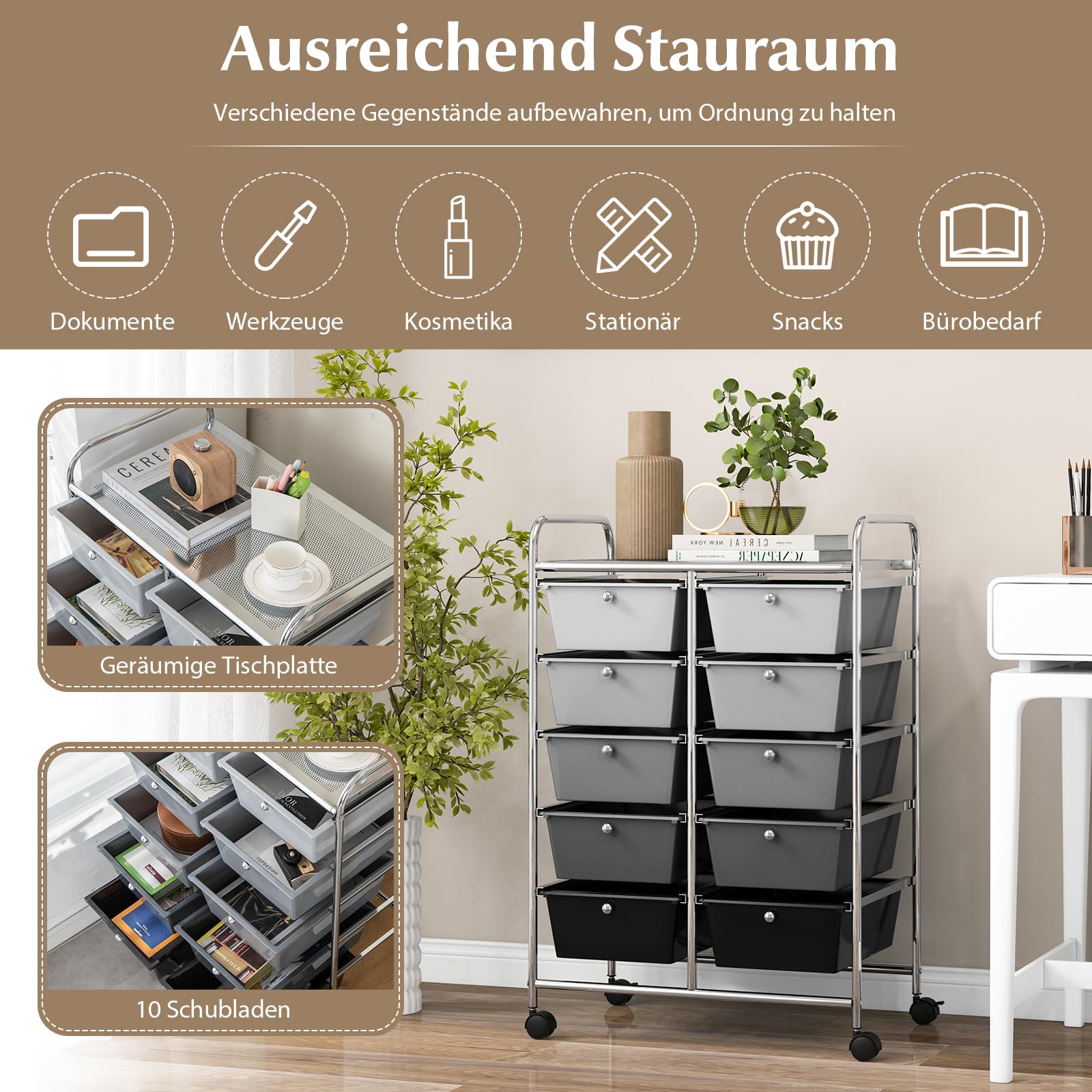 GOPLUS Rollwagen mit 10 Schubladen stapelbar, Rollcontainer mit Ablage & Metallgestell, Badregal, Aufbewahrungswagen, für Büro, Zuhause (Silber, Grau, Schwarz)