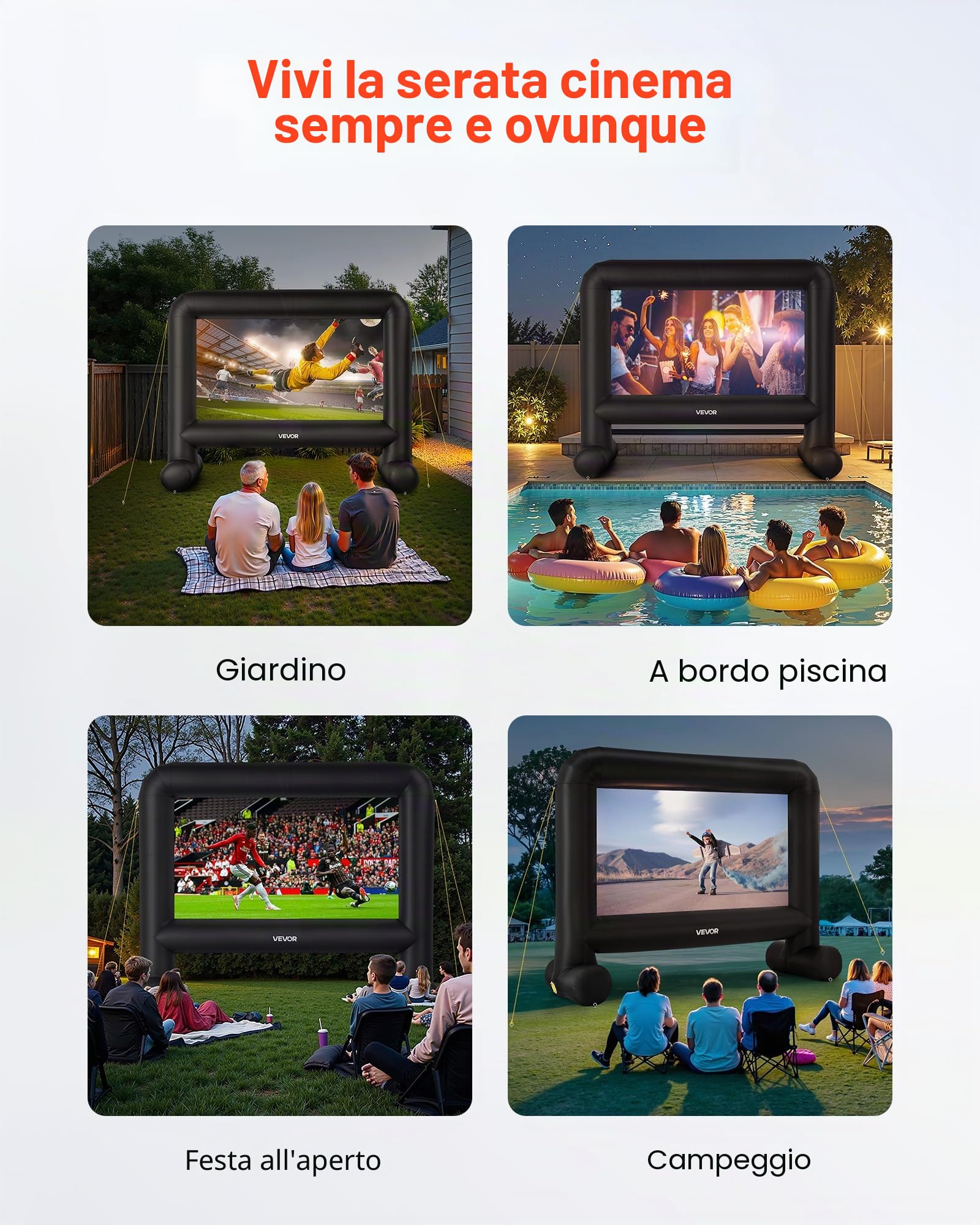 VEVOR Schermo Cinematografico Gonfiabile 3540 x 1300 x 2900 mm Schermo Gonfiabile per Proiezione Lavabile in 600D con Borsa Portatile, Proiettore Cinematografico 16:9, per Esterni, Feste a Tema