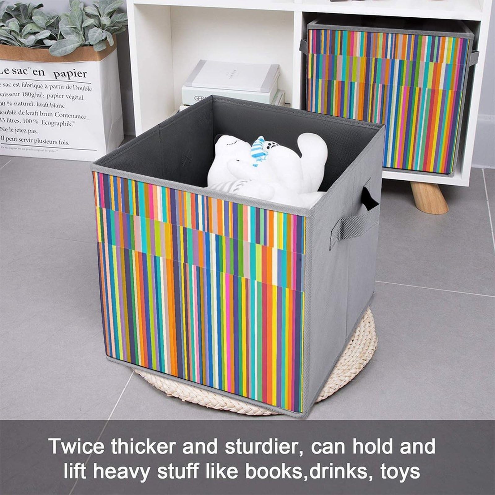 Cubos de almacenamiento de rayas plegables y decorativas de tela para organizar organizadores del hogar con asas, cestas de almacenamiento de tela grandes para estantes para ropa, libros