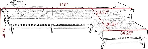 Miniatura 2 de ERDAYE Sofá seccional capitonado de terciopelo con botones y 2 almohadas y diván reversible, decoración de cabeza de clavo en forma de L, sofá