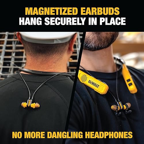 Miniatura 8 de DEWALT Auriculares de cuello Bluetooth 2-en-1 de alta resistencia con altavoces incorporados, altavoz portátil para el lugar de trabajo y