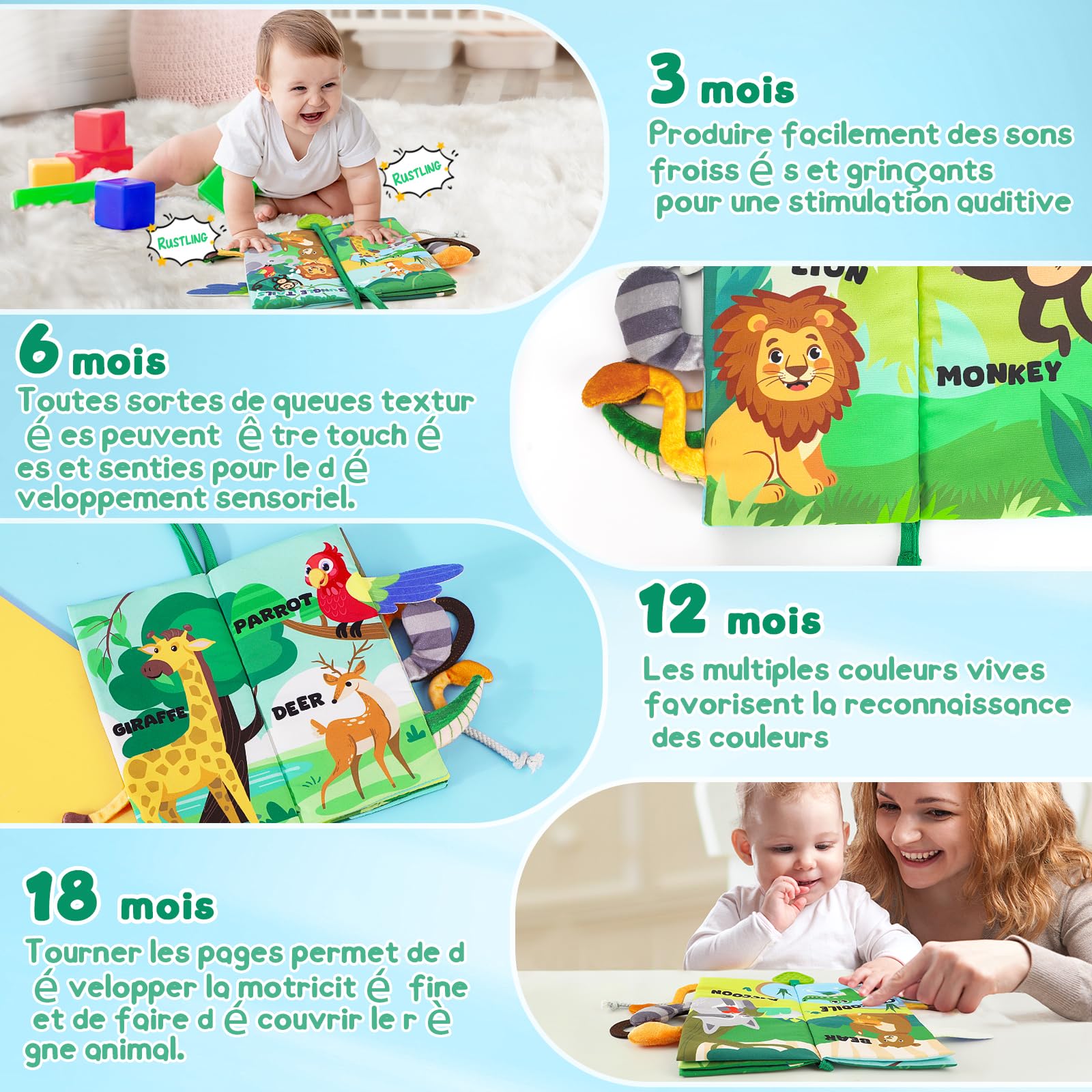 BBWOO Livre bébé 0-12 Mois, Livre bébé en Tissu Montessori aux Animaux 3D avec Anneau Dentition, Jouet bébé et Jeux pour l’éveil sensoriel et Le Tummy Time, Lavable, Un Cadeau bébé idéal