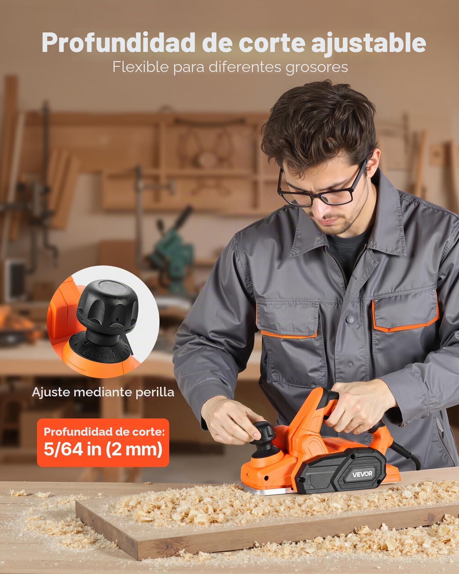 VEVOR Cepilladora Eléctrica con Cable Ancho de Corte de 82 mm, 650 W, 16800 RPM, Cepilladora de Madera, Profundidad de Corte Ajustable, Ideal para Carpintería, Biselado, Bricolaje, Acabado Liso